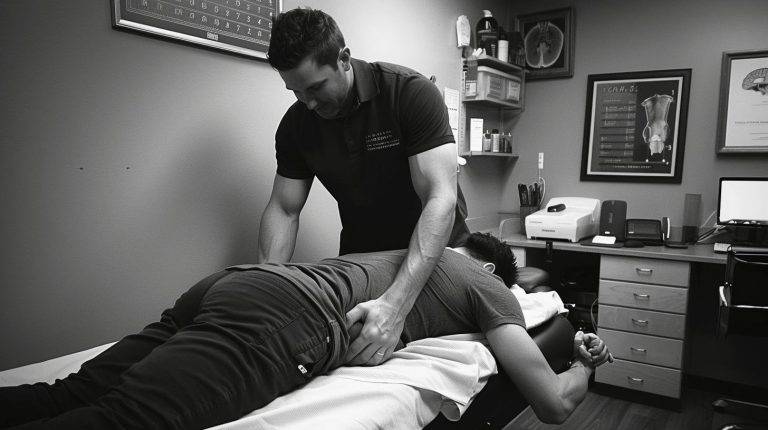 Chiropractor adjusting a patient's lower back in a clinic.