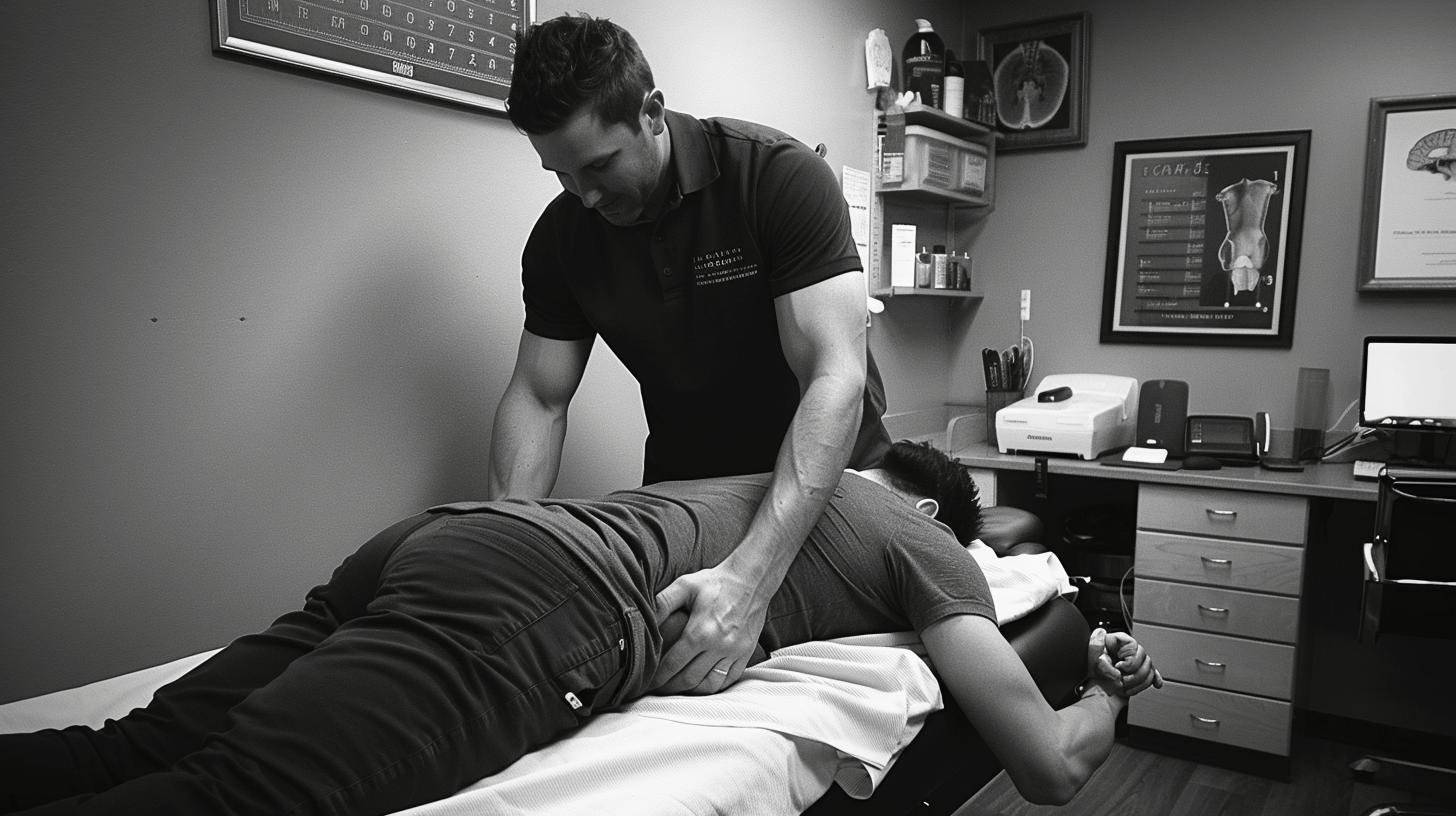 Chiropractor adjusting a patient's lower back in a clinic.