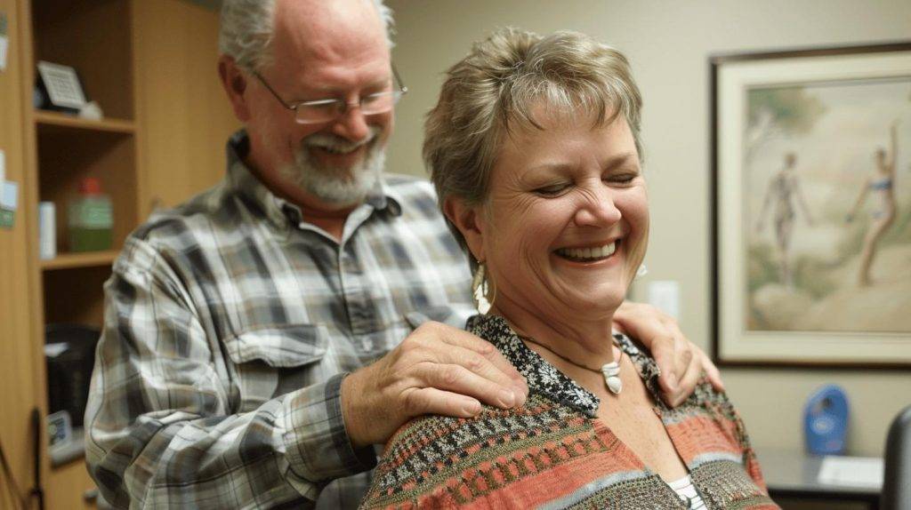 Elderly man giving a shoulder massage to a smiling elderly woman in a cosy room.