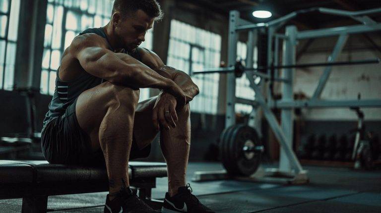 Man resting on a gym bench, looking pensive, with gym equipment in the background.