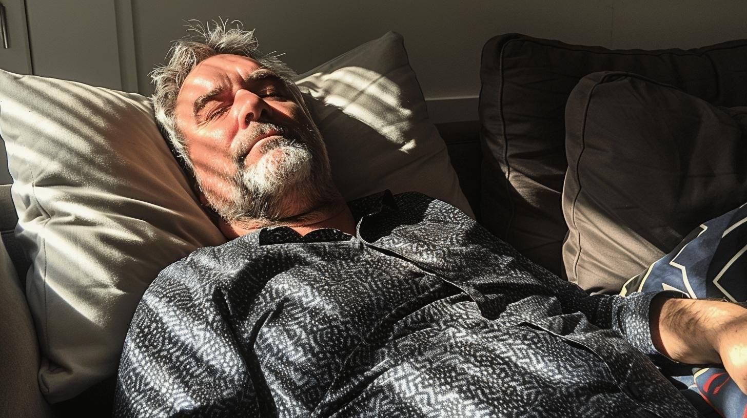 Mature man with grey hair resting on a couch in a sunlit room.