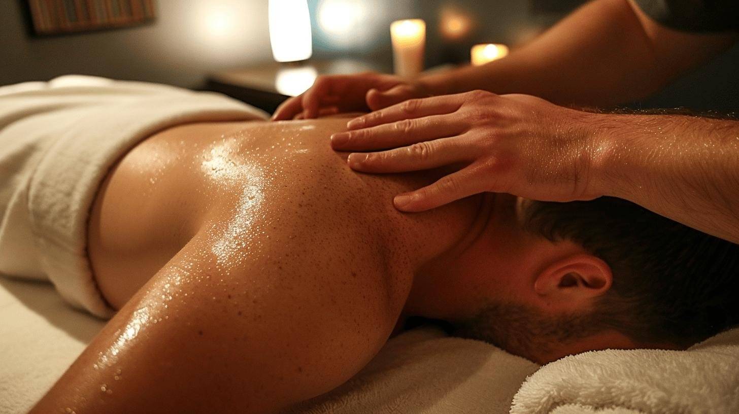 Person receiving a back massage in a dimly lit spa with candles in the background.