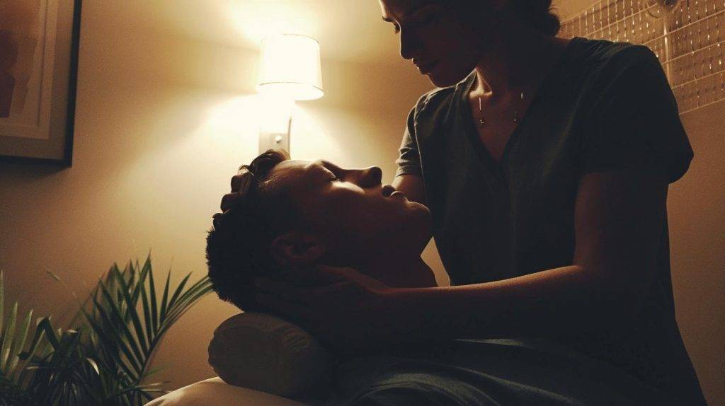 Woman gently cradling a man's head in a dimly lit room.