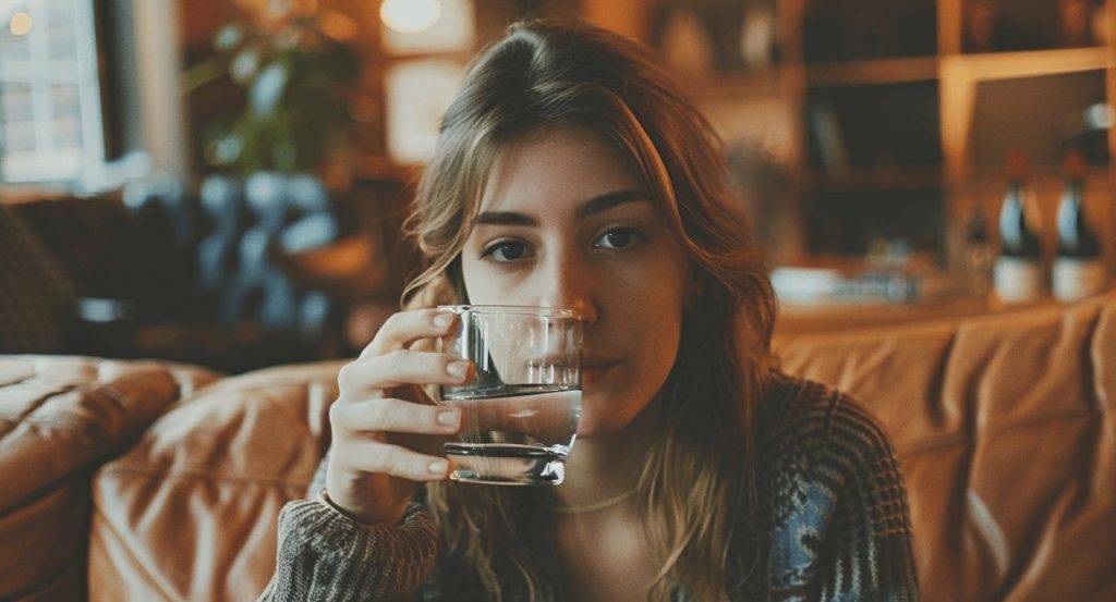 Young woman holding a glass of water while sitting on a sofa.