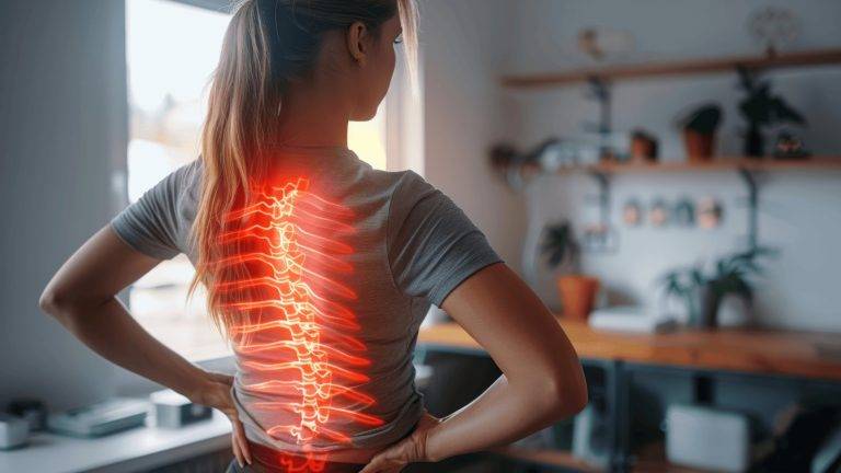Woman holding her lower back with a glowing red spine, indicating back pain or spinal issues, in a modern room.