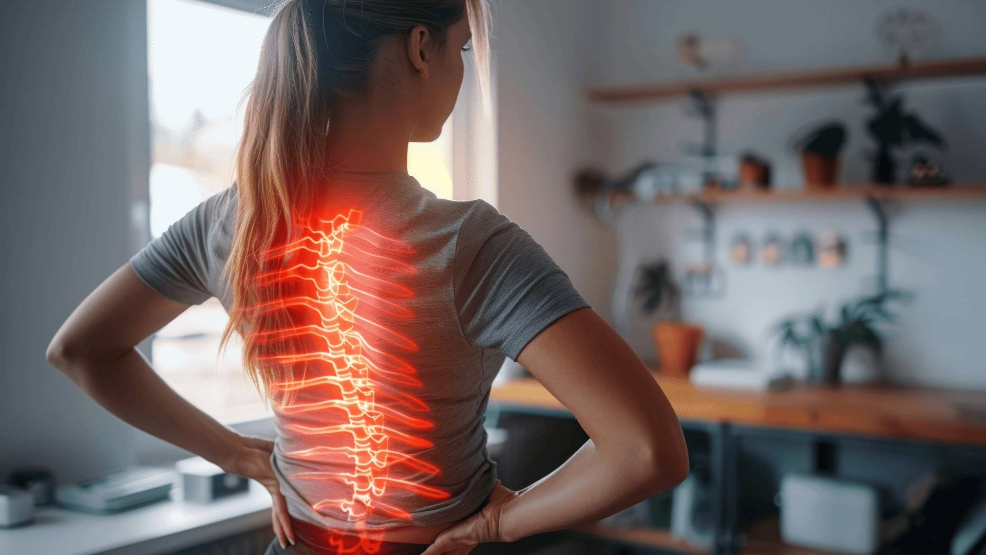 Woman holding her lower back with a glowing red spine, indicating back pain or spinal issues, in a modern room.