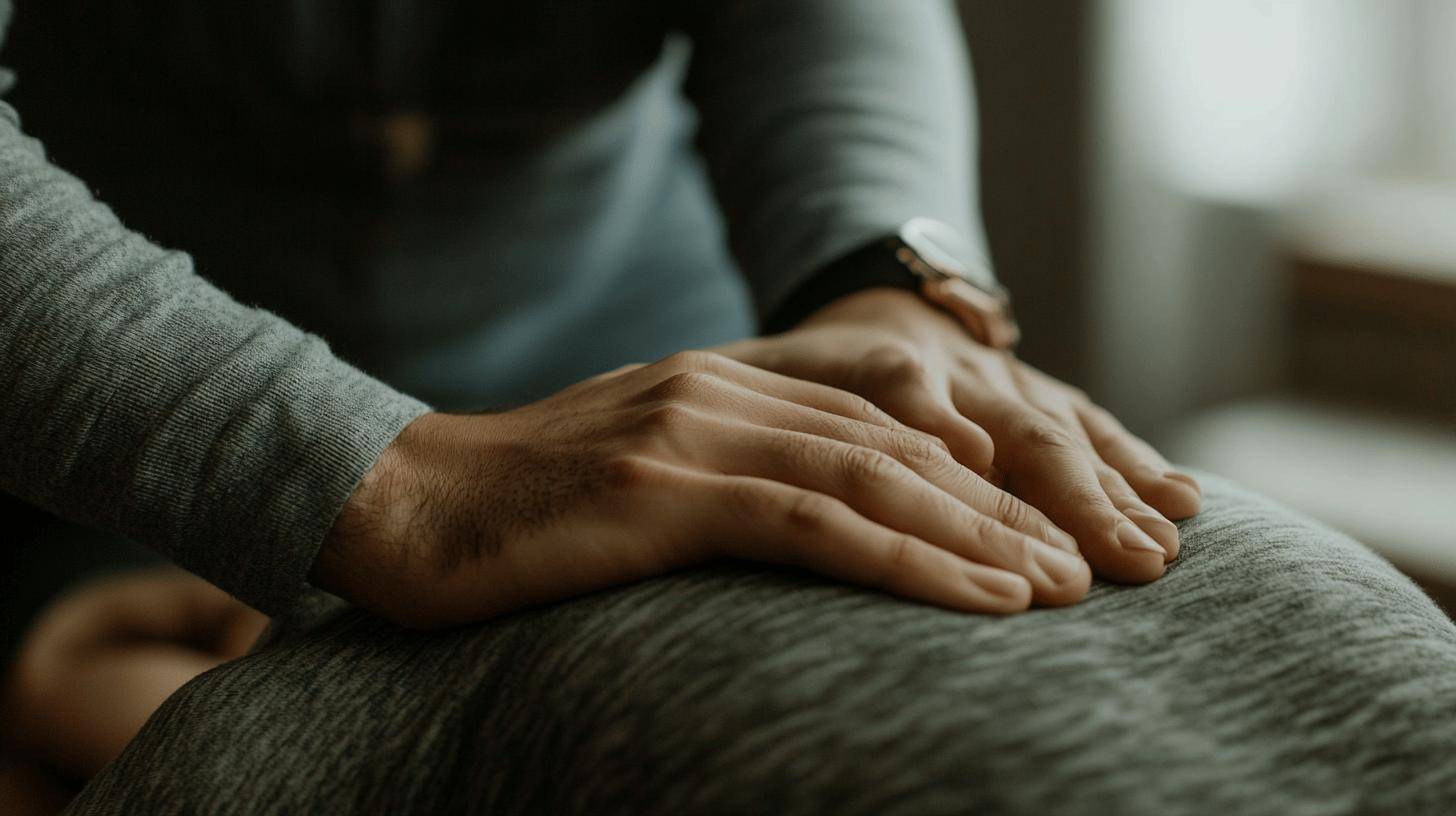 Close-up of hands resting on a grey fabric sofa in soft lighting