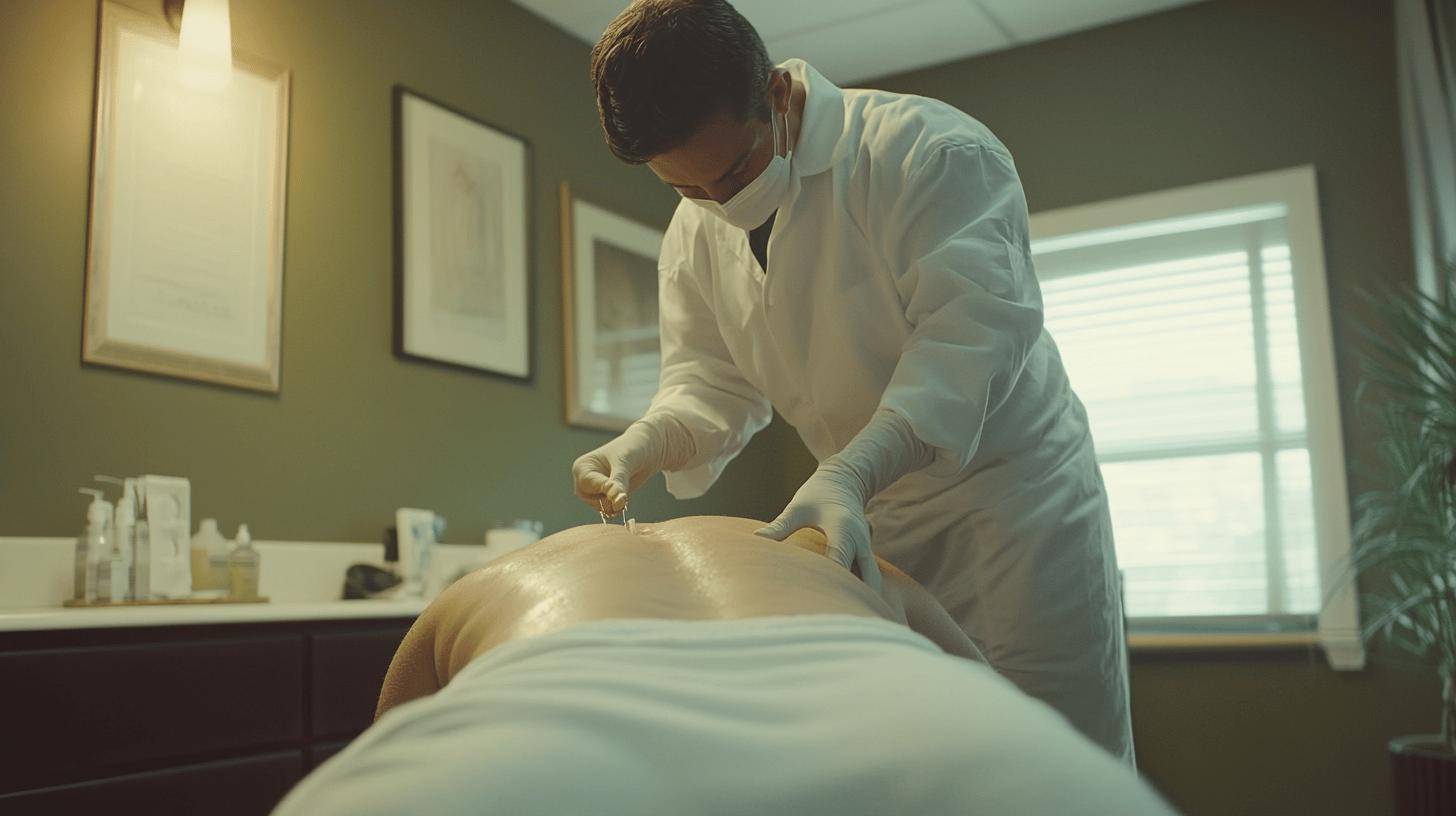 Medical professional performing acupuncture treatment on patient's back in a clinical setting
