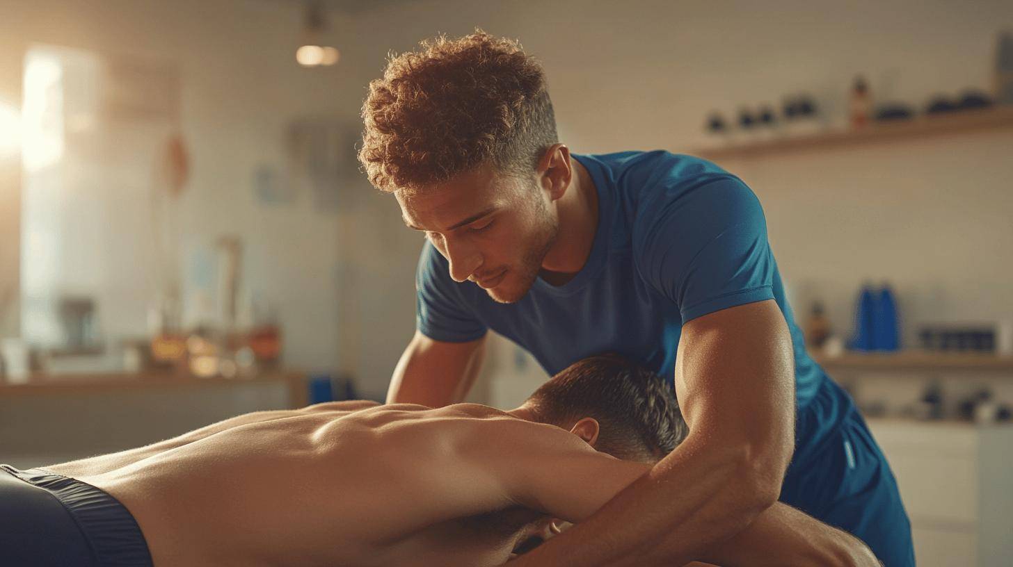 Professional physiotherapist performing back massage treatment on a patient
