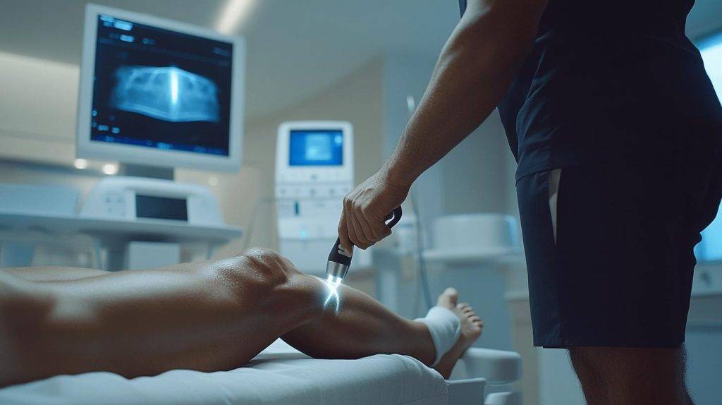 Medical professional performing ultrasound therapy on patient's knee with monitoring equipment visible