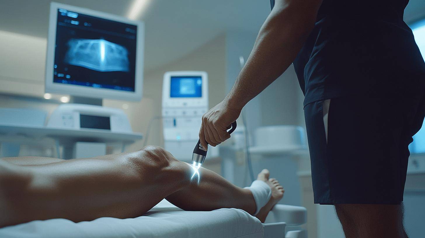 Medical professional performing ultrasound therapy on patient's knee with monitoring equipment visible