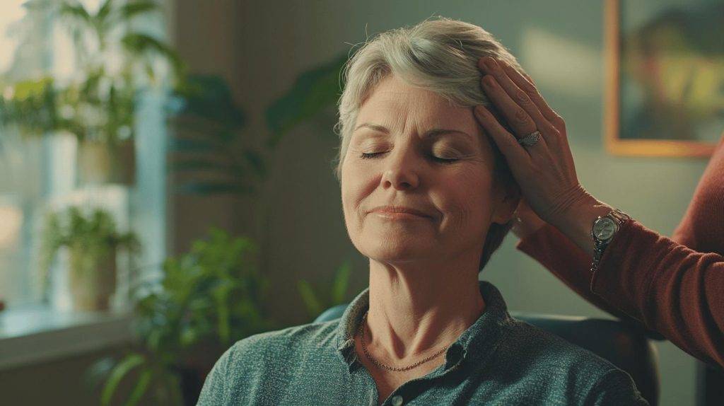 Middle-aged woman with eyes closed, enjoying a gentle chiropractic head treatment in a peaceful, plant-filled clinic.