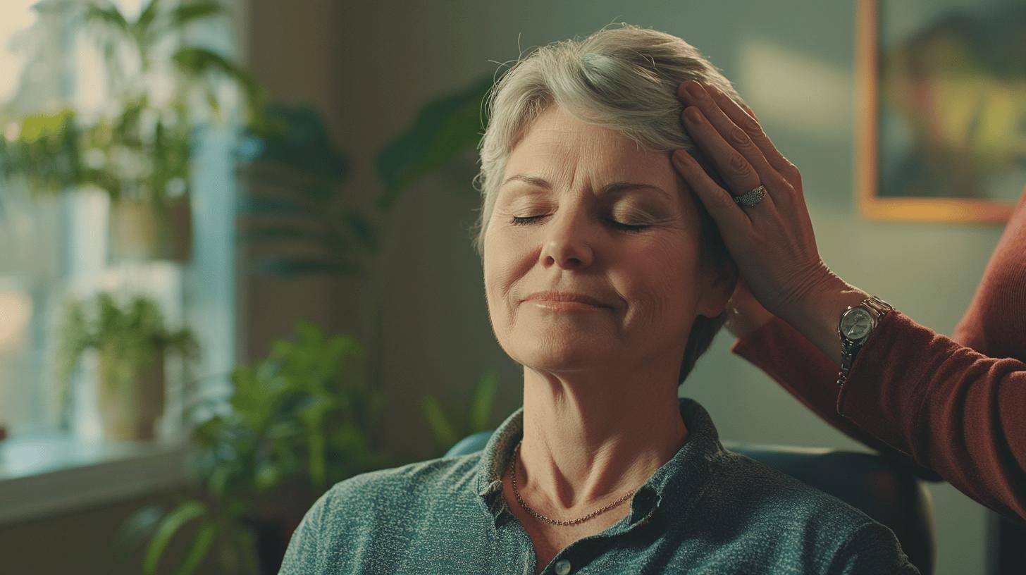 Middle-aged woman with eyes closed, enjoying a gentle chiropractic head treatment in a peaceful, plant-filled clinic.