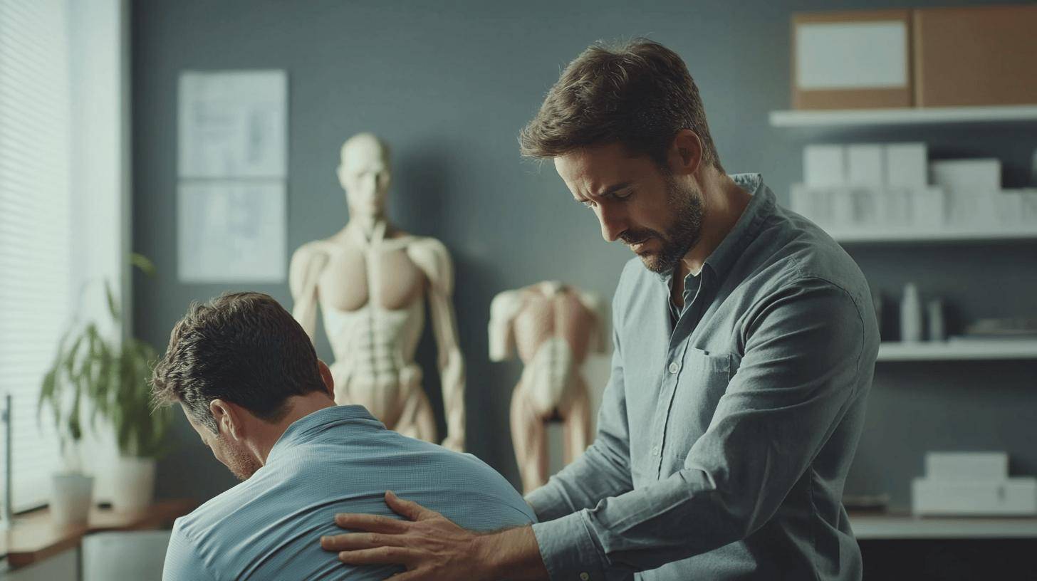 Chiropractor treating a patient's shoulder in a clinic with anatomical models in the background.