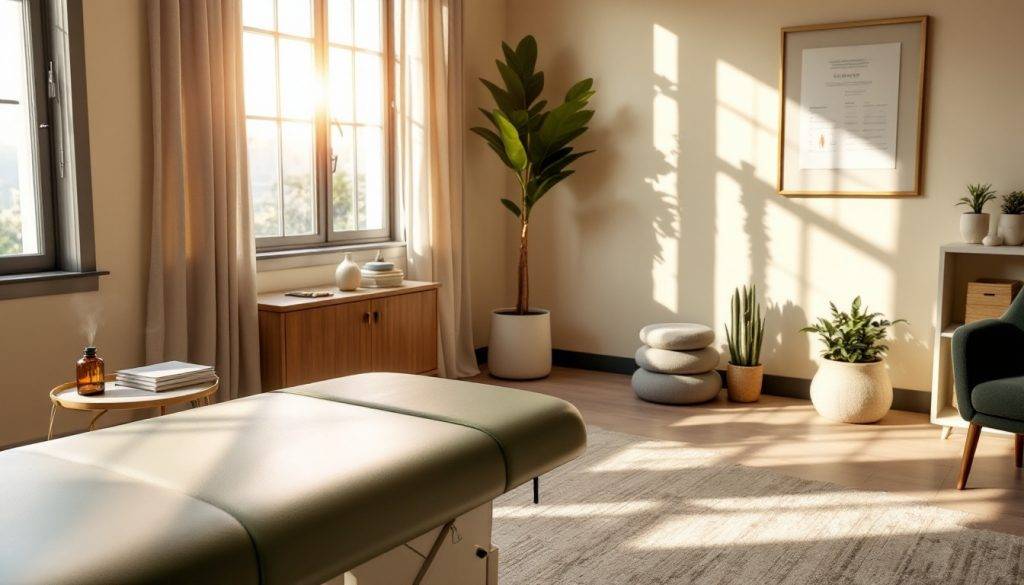 Sunlit therapy room with a green treatment table, indoor plants, and minimalist decor