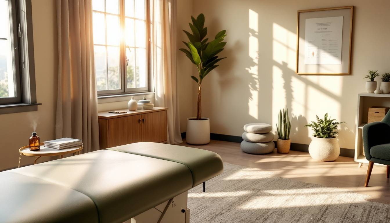 Sunlit therapy room with a green treatment table, indoor plants, and minimalist decor