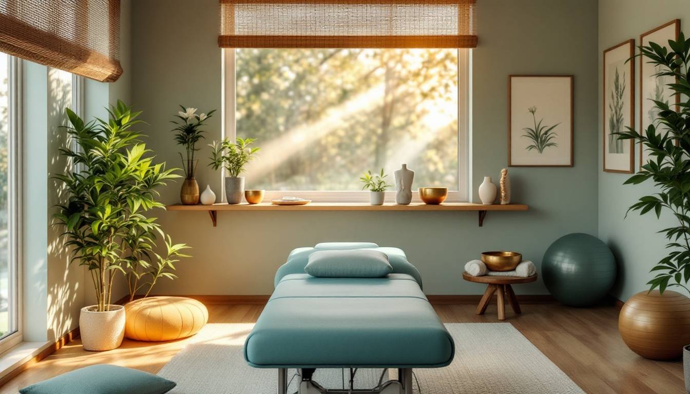 Therapy room with a treatment table, indoor plants, and sunlight streaming through large windows, creating a calming ambiance.