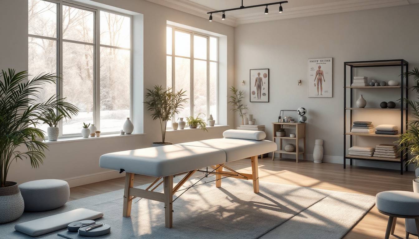 A serene massage therapy room with a table, plants, and soft lighting