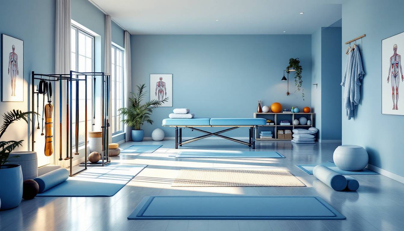 Well-lit physical therapy studio with exercise equipment and anatomy posters