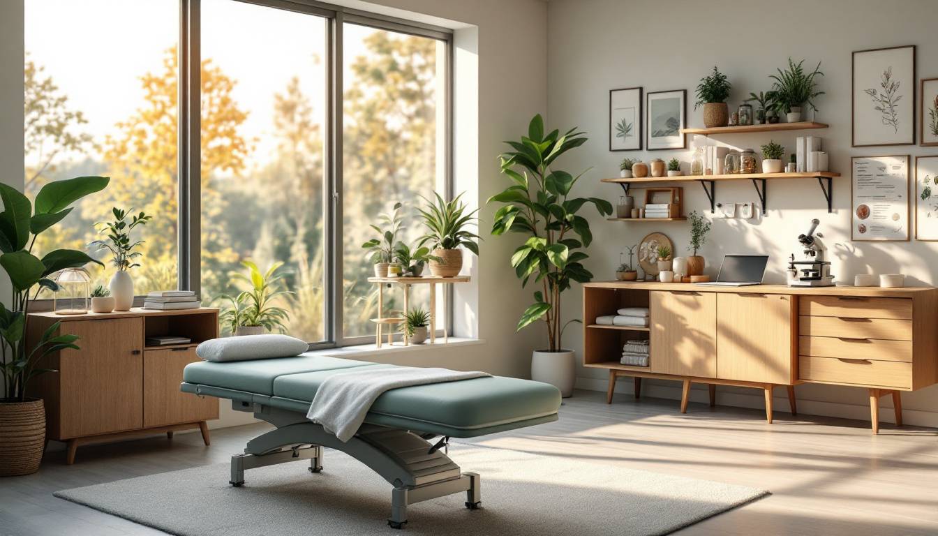 Modern wellness room with massage table and plants by large window