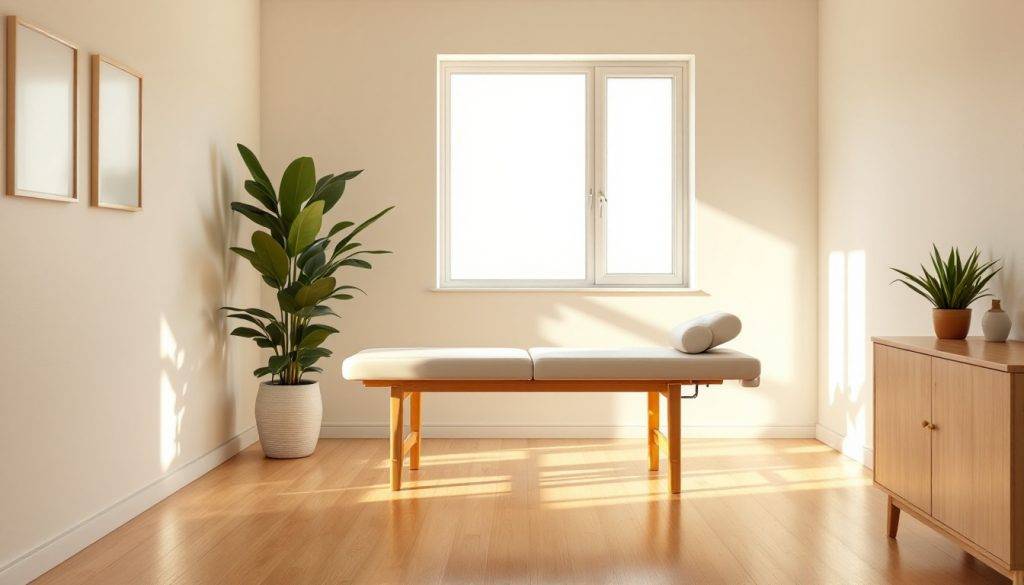 a massage table in a minimalistic, white room