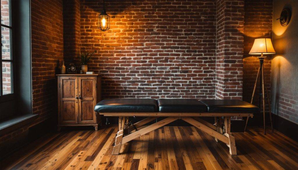 massage table in a industrial style, brick room with ambience lighting