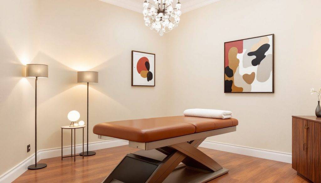 massage table in a minimalistic room with abstract art and wooden furnishings