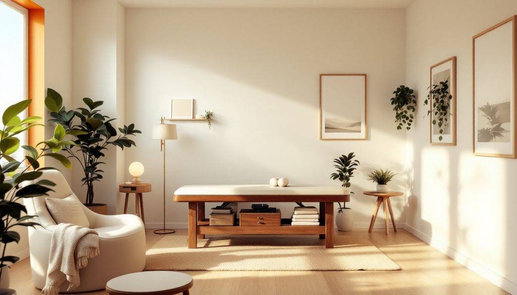 modern massage room with a minimalistic massage table and wooden furniture