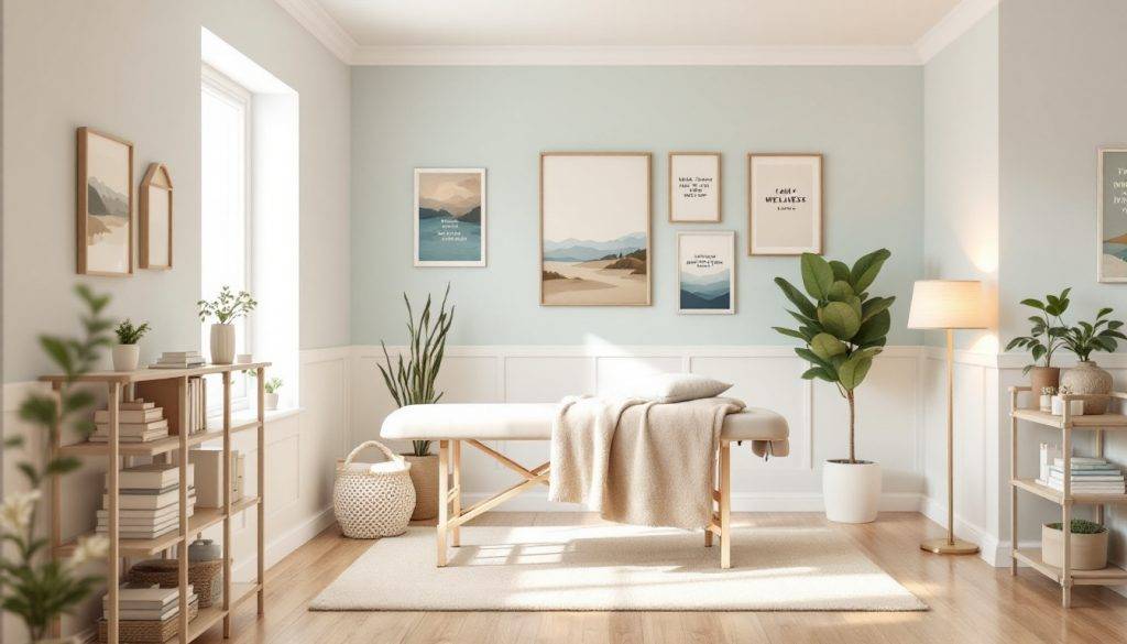 massage table in a calming, blue room