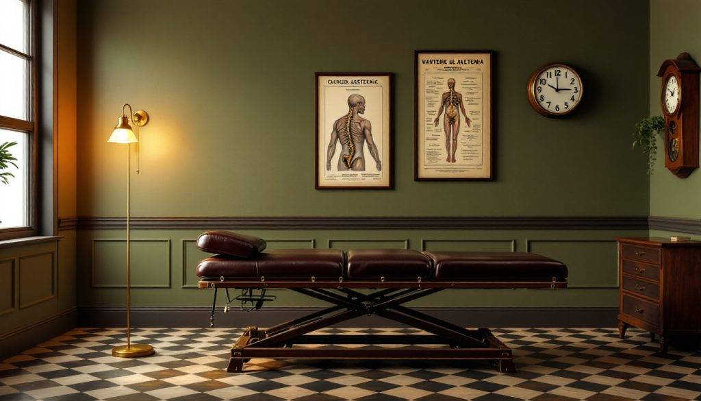 massage table in a clean, modern, dark green aesthetic room